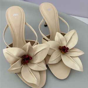 Zara Cream Heeled Floral Mules